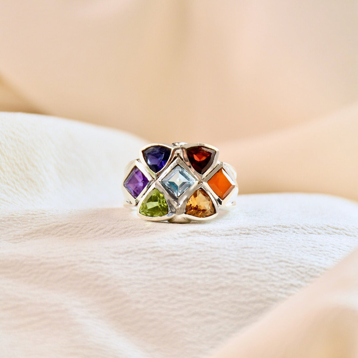 Statement Sterling Silver Chakra Ring, Natural Gemstone Healing Jewelry