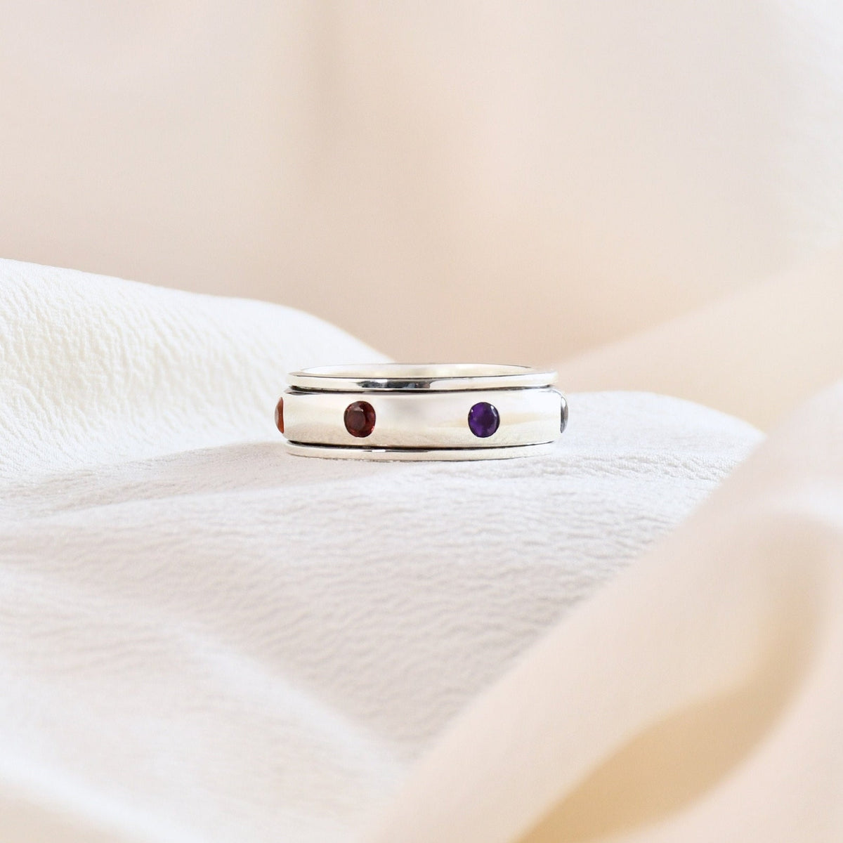 Sterling Silver Chakra Spinner Ring, 7 Gemstones, Yoga Jewelry