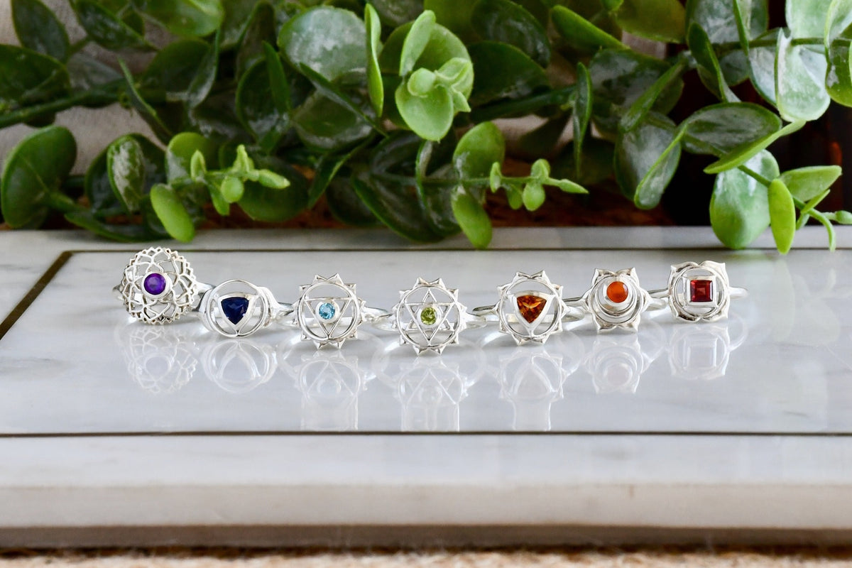 Sterling Silver Chakra Gemstone Ring Set, Yoga Jewelry