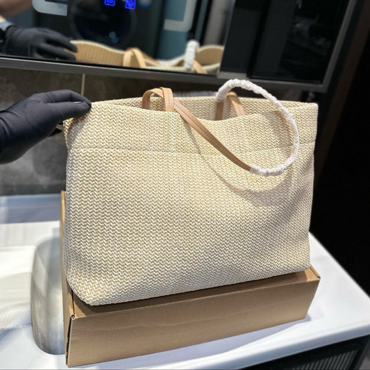 CROCHET TOTE BAG 38 IN BEIGE WOVEN RAFFIA BROWN CALFSKIN STRAP