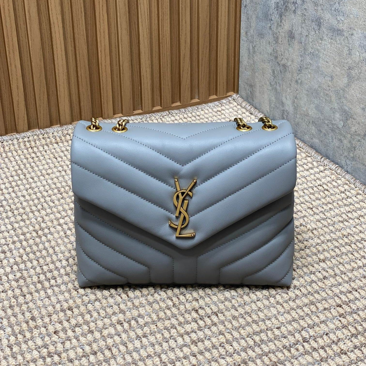 LOU*OU SMALL 25 IN ASH BLUE LAMBSKIN GOLD HARDWARE