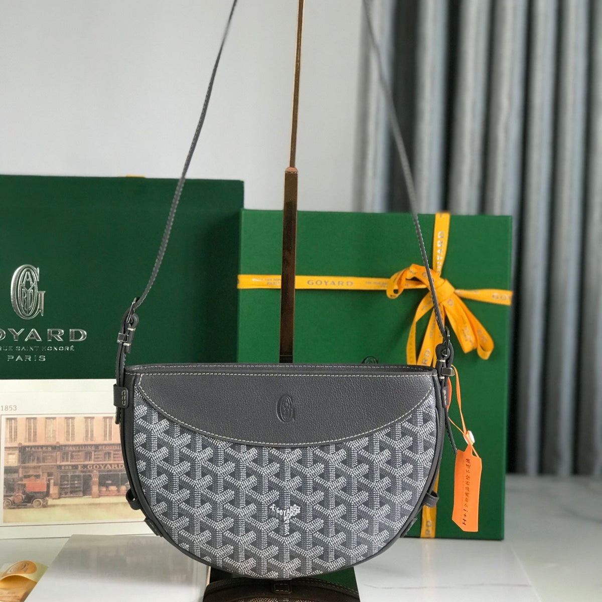 HIRONDELLE BAG 25 IN GRAY LAMBSKIN AND GOY*RDINE CANVAS