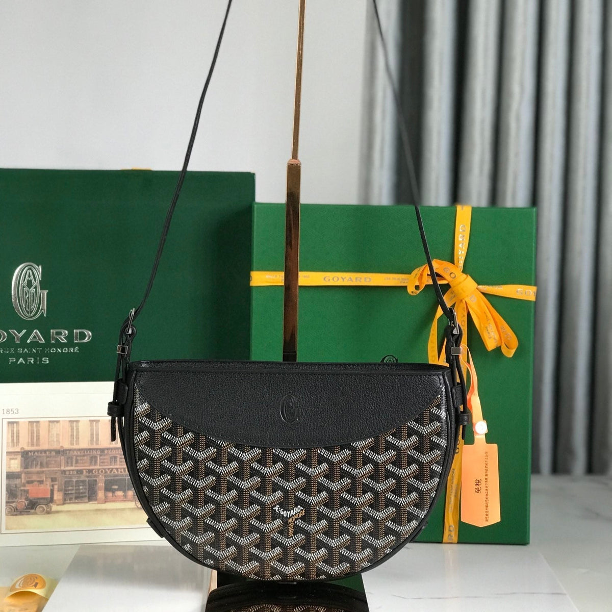 HIRONDELLE BAG 25 IN BLACK LAMBSKIN AND GOY*RDINE CANVAS