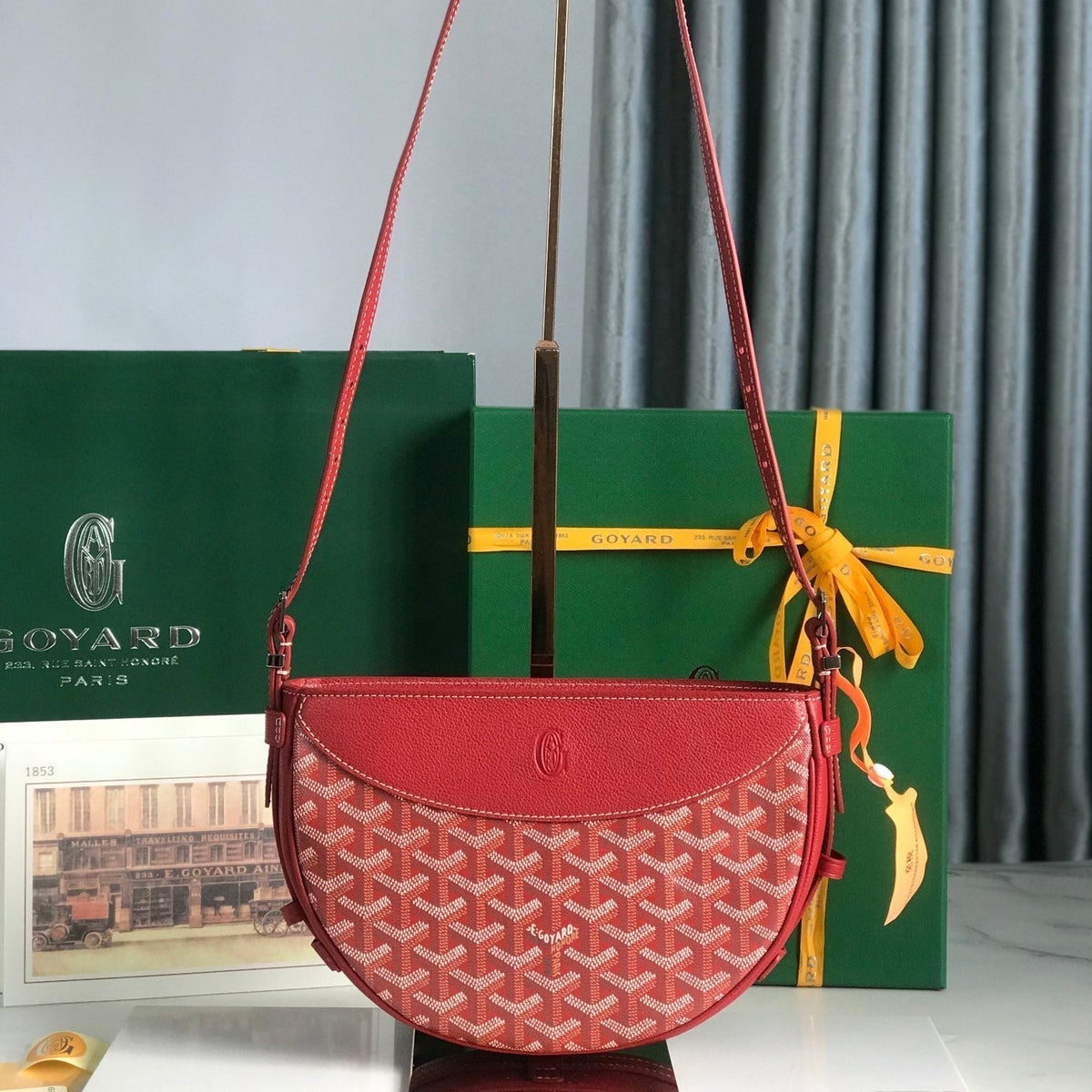 HIRONDELLE BAG 25 IN CLASSIC RED LAMBSKIN AND GOY*RDINE CANVAS