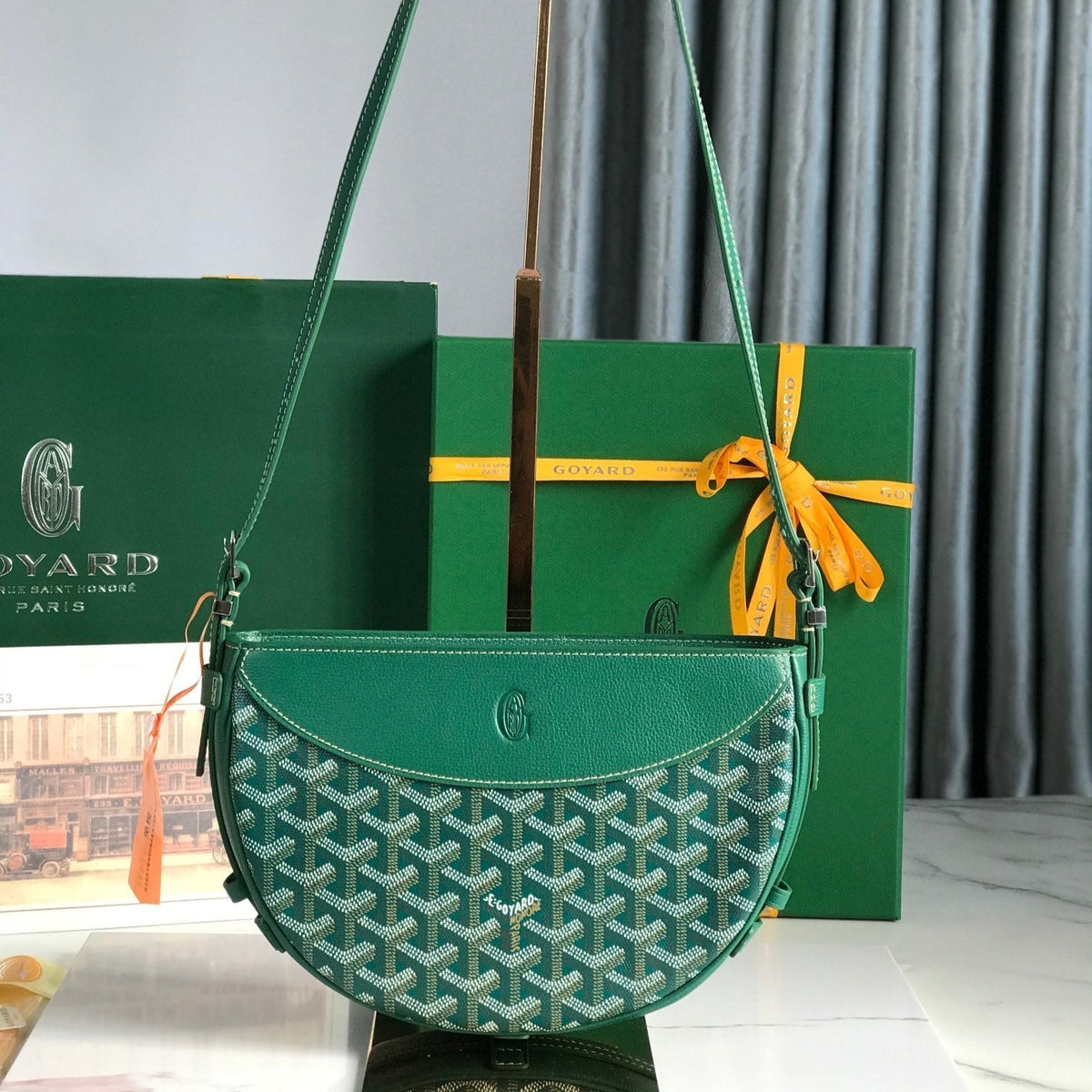 HIRONDELLE BAG 25 IN GREEN LAMBSKIN AND GOY*RDINE CANVAS