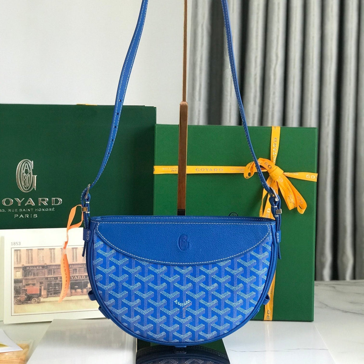 HIRONDELLE BAG 25 IN SAPPHIRE BLUE LAMBSKIN AND GOY*RDINE CANVAS