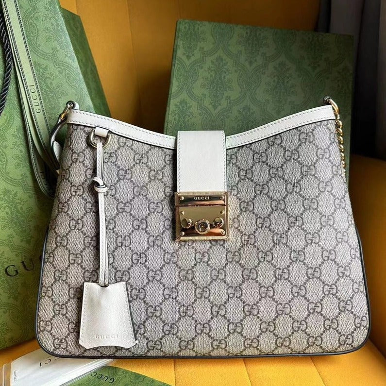 G*G PADLOCK 32 SHOULDER BAG BEIGE CANVAS AND WHITE CALFSKIN