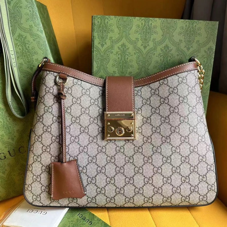 G*G PADLOCK 32 SHOULDER BAG BEIGE CANVAS AND BROWN CALFSKIN