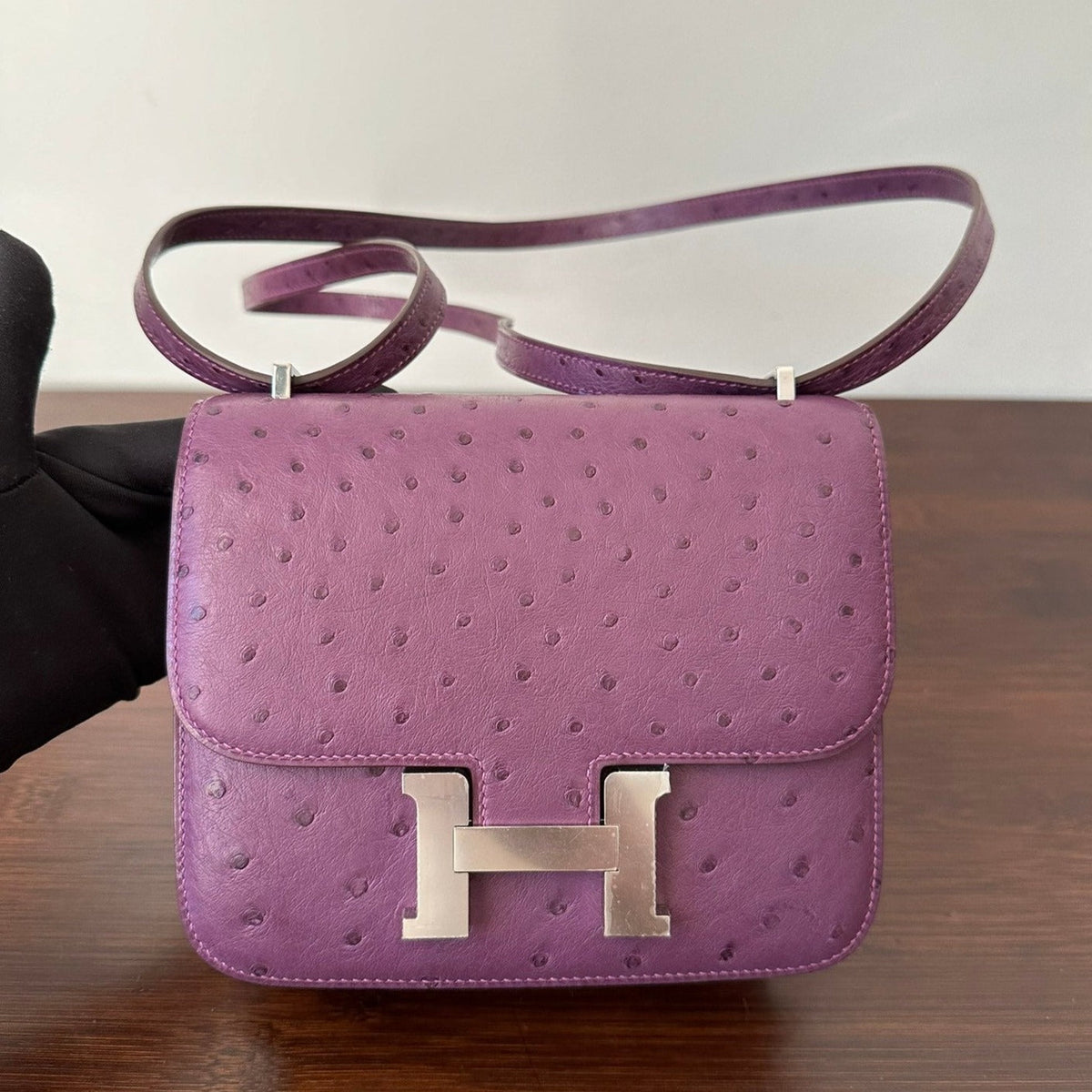C*NSTANCE 18 PURPLE OSTRICH SILVER HARDWARE