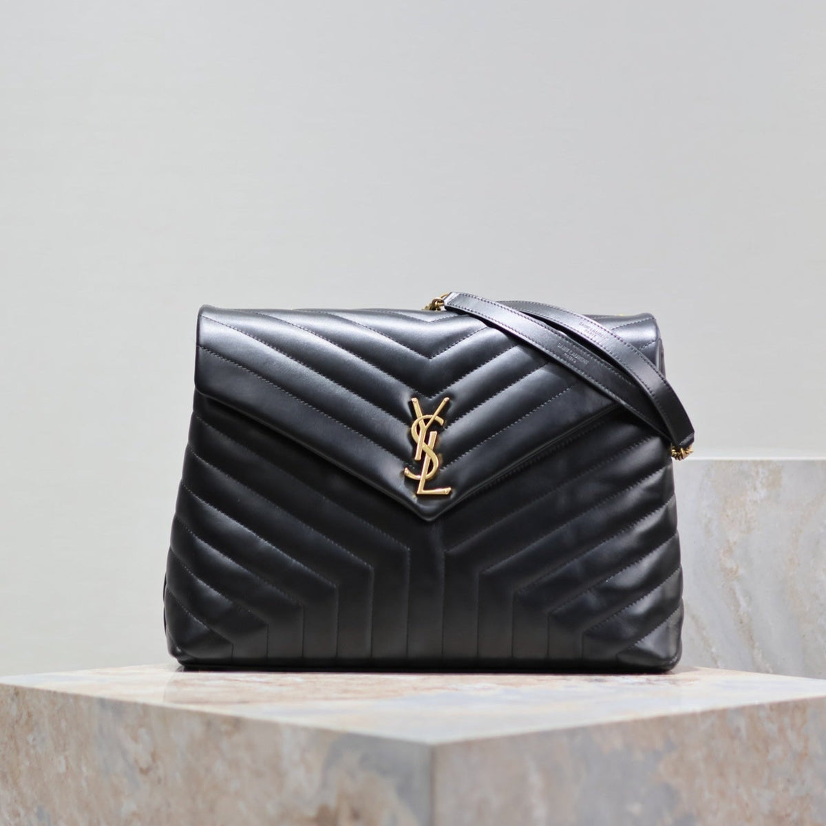 LOU*OU LARGE 36 IN BLACK QUILTED CALFSKIN GOLD HARDWARE