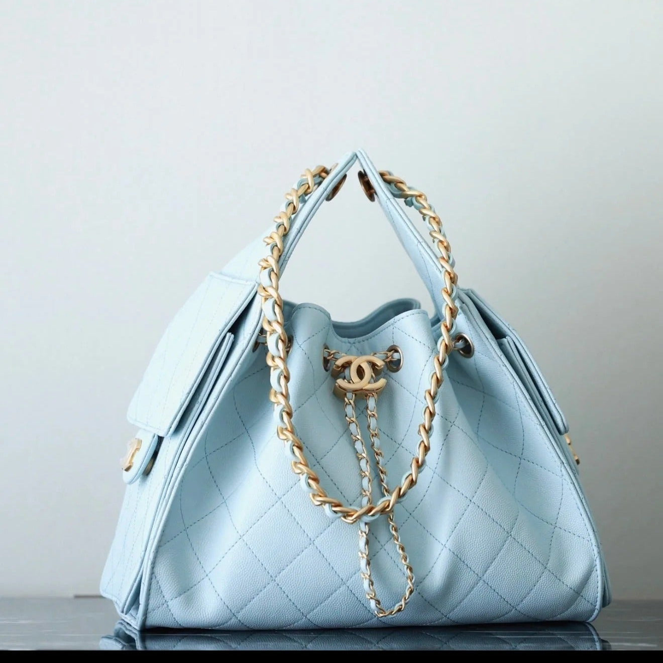 CHANEL 25S HOBO BAG 30 CM IN PASTEL BLUE LAMBSKIN WITH GOLD HARDWARE