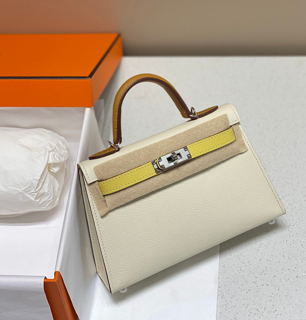 H*M K*LLY MINI 20 WHITE YELLOW BROWN EPSOM SILVER HARDWARE