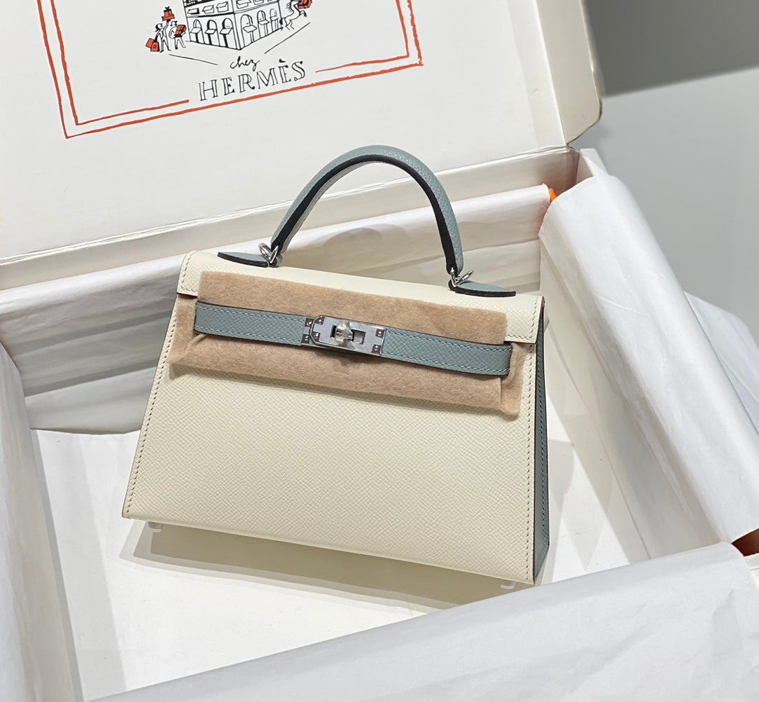 H*M K*LLY MINI 20 WHITE GLACIER GRAY EPSOM SILVER HARDWARE