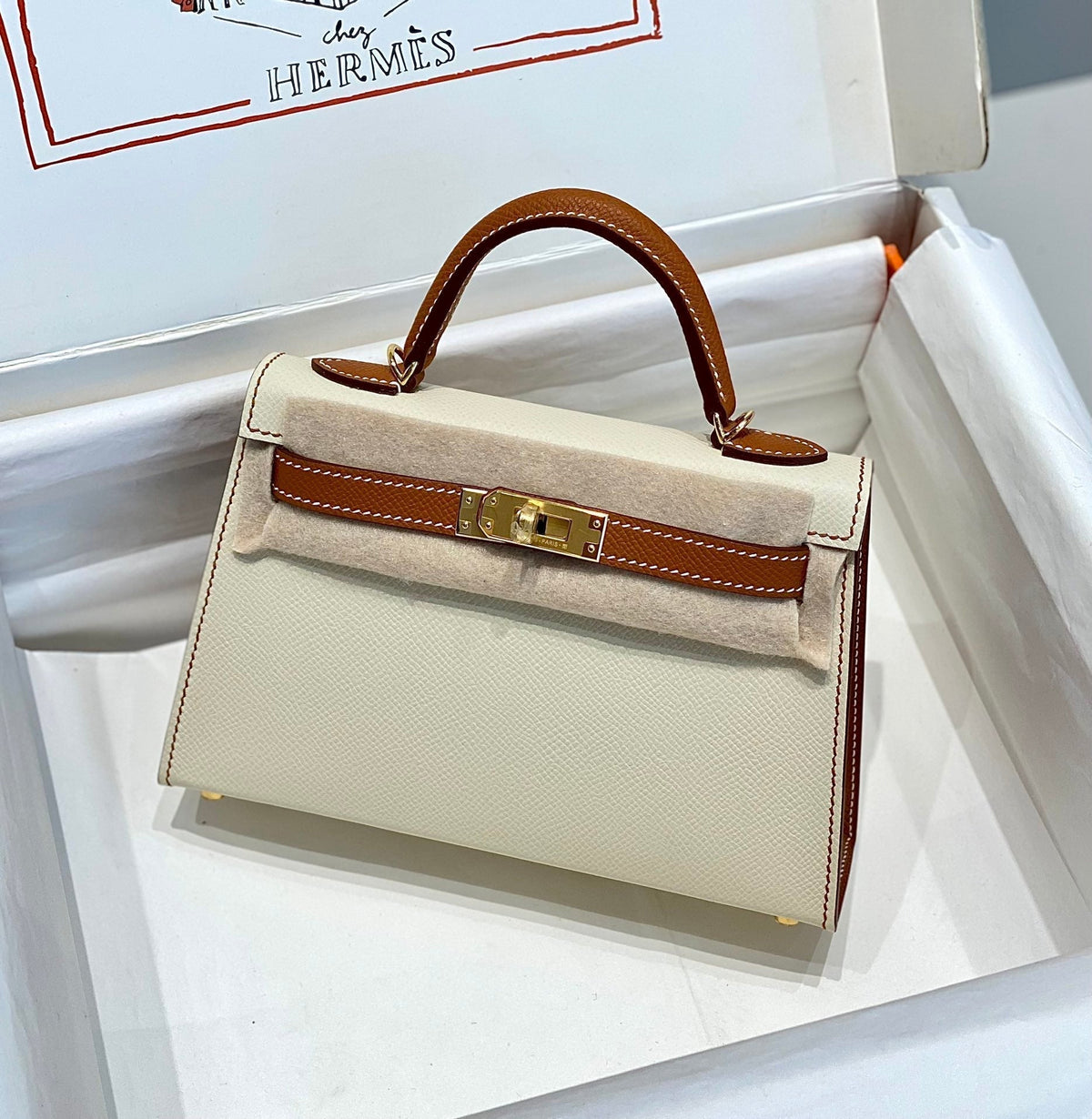 H*M K*LLY MINI 20 WHITE GOLDEN BROWN EPSOM GOLD HARDWARE