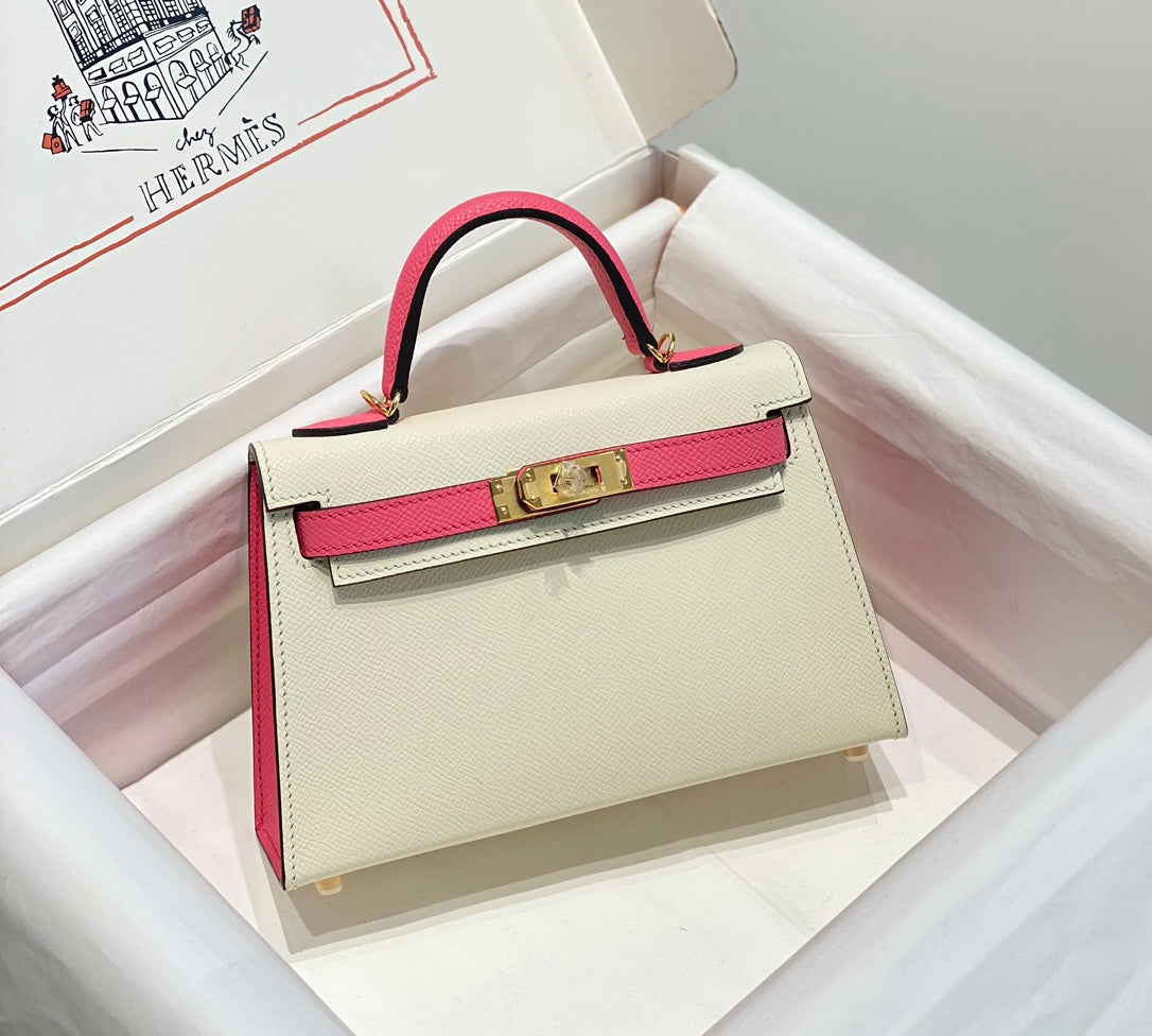 H*M K*LLY MINI 20 WHITE PINK EPSOM GOLD HARDWARE