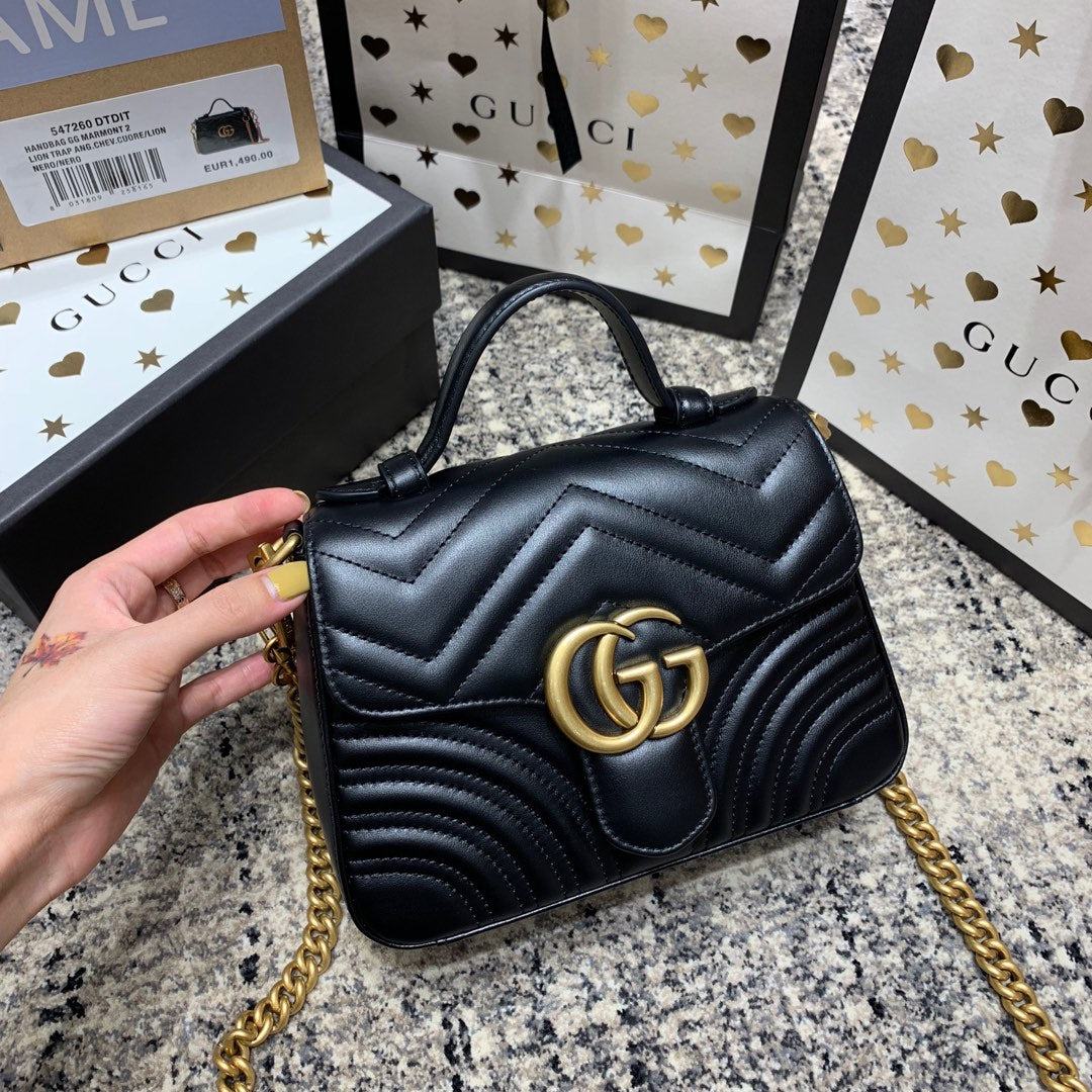 G*G Marmont 21cm Mini Top Black Calfskin Gold Hardware