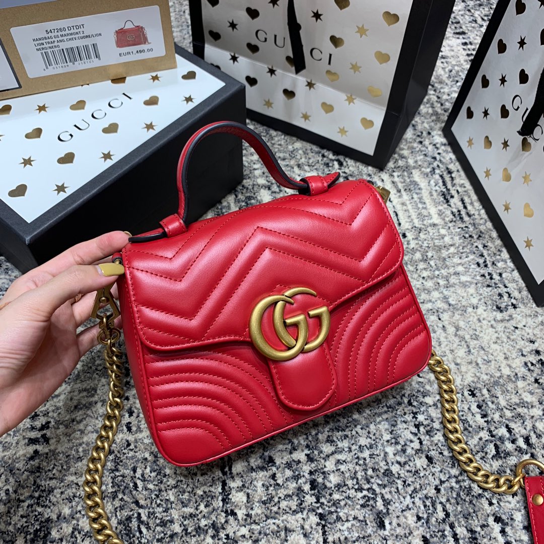 G*G Marmont 21cm Mini Top Red Calfskin Gold Hardware