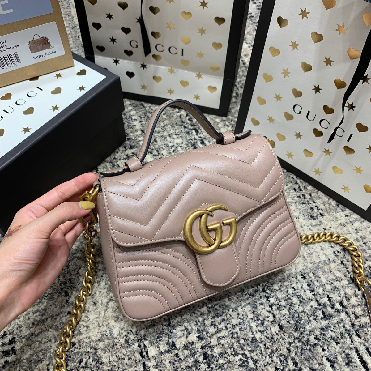 G*G Marmont 21cm Mini Top Dark Beige Calfskin Gold Hardware