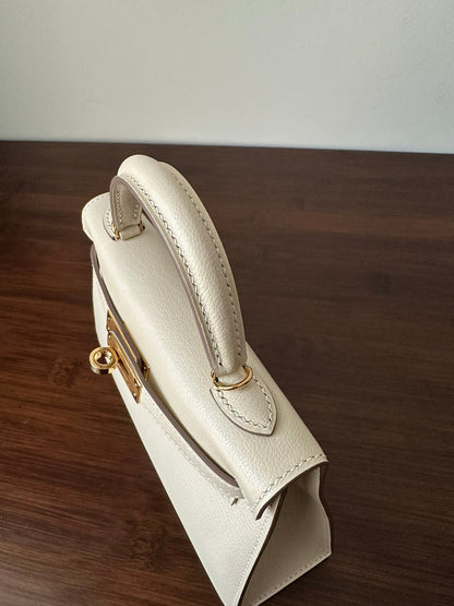 HM KELLY MINI 20 WHITE CHEVRE GOLD HARDWARE