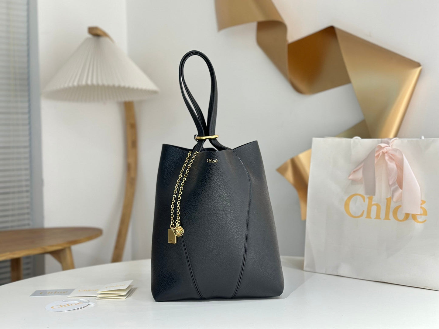 Chloe Spin Tote Bag Medium 27cm Black Calfskin 272274