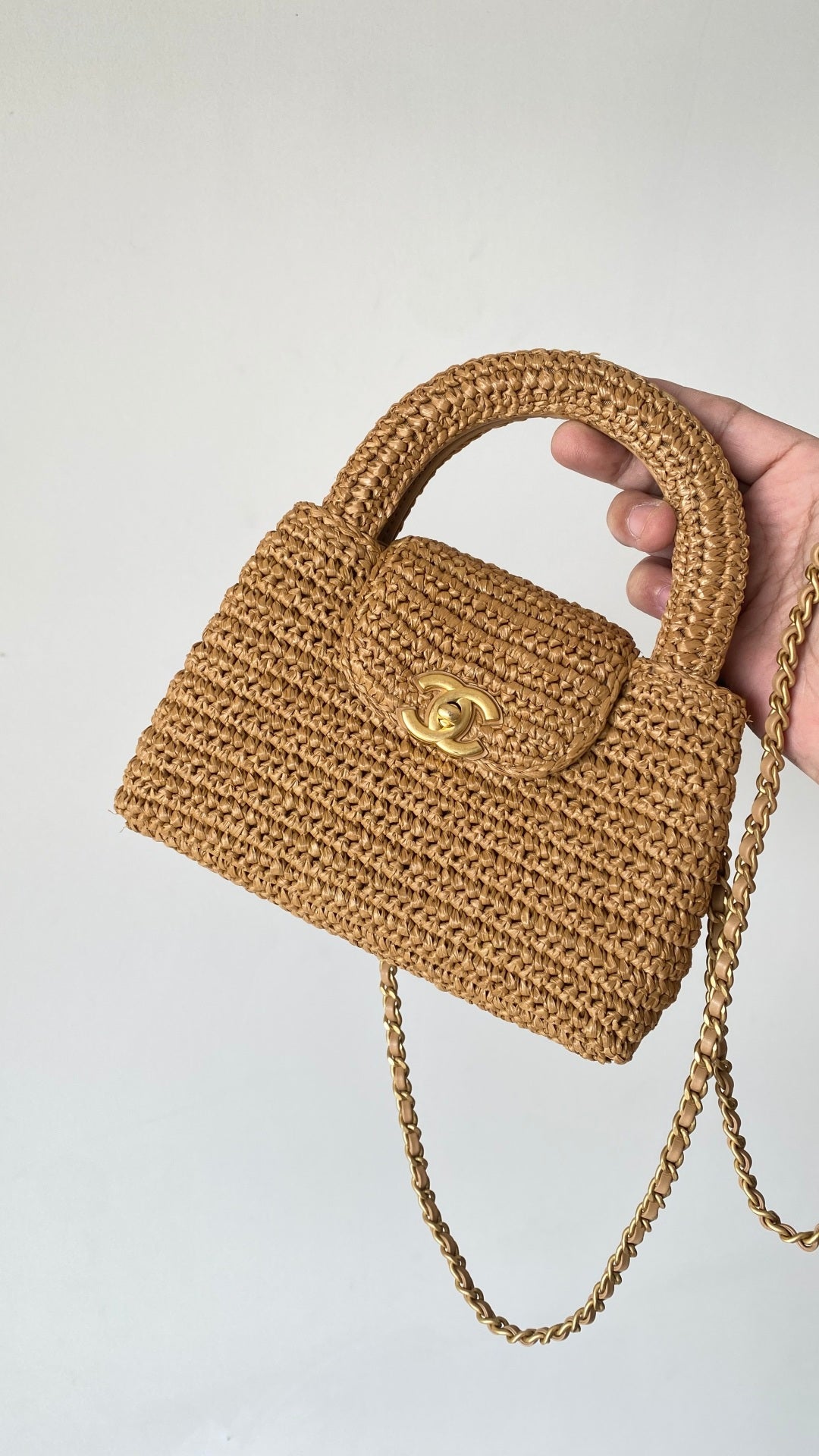 CC Kelly Bag 19cm Dark Beige Gold Hardware in Raffia