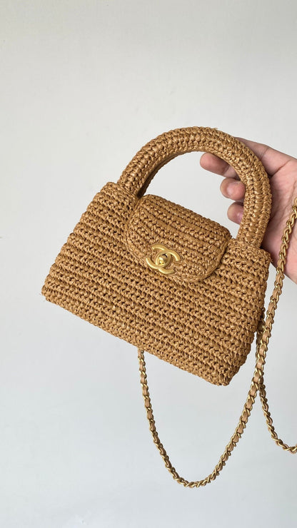 CC Kelly Bag 19cm Dark Beige Gold Hardware in Raffia