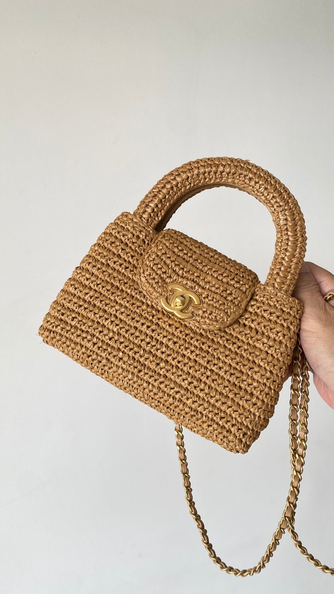 CC Kelly Bag 19cm Dark Beige Gold Hardware in Raffia