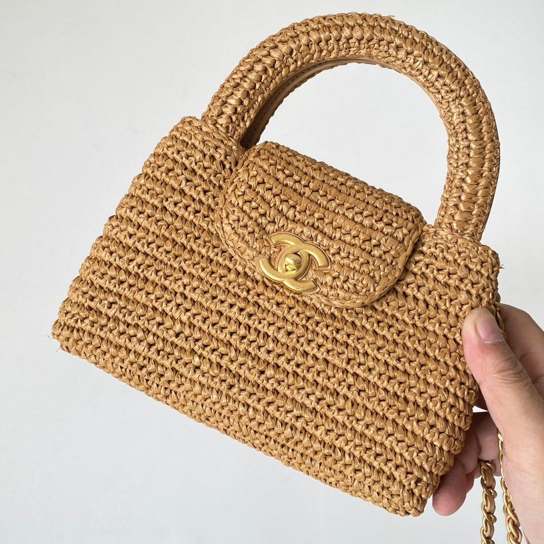 CC Kelly Bag 19cm Dark Beige Gold Hardware in Raffia