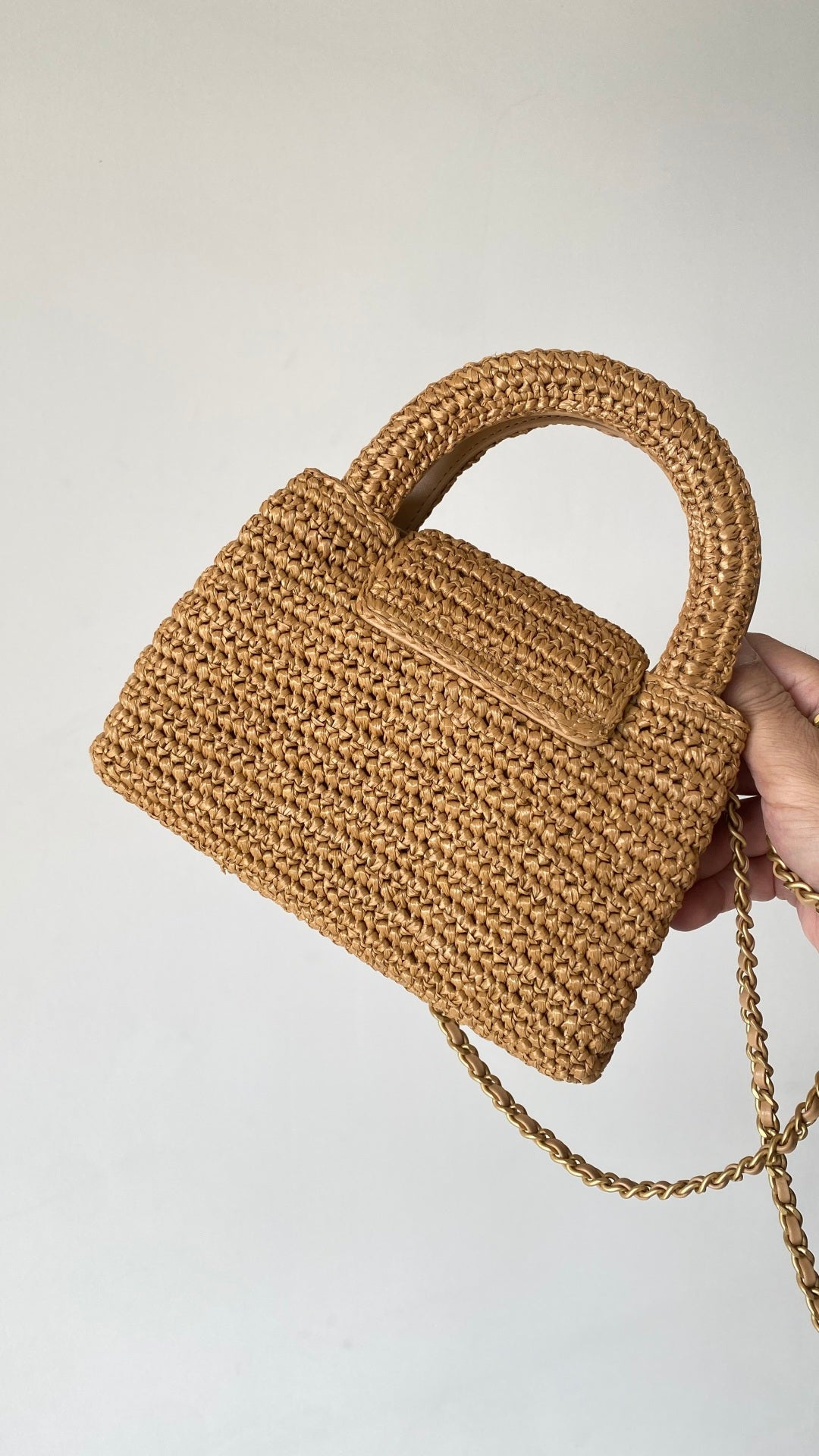CC Kelly Bag 19cm Dark Beige Gold Hardware in Raffia