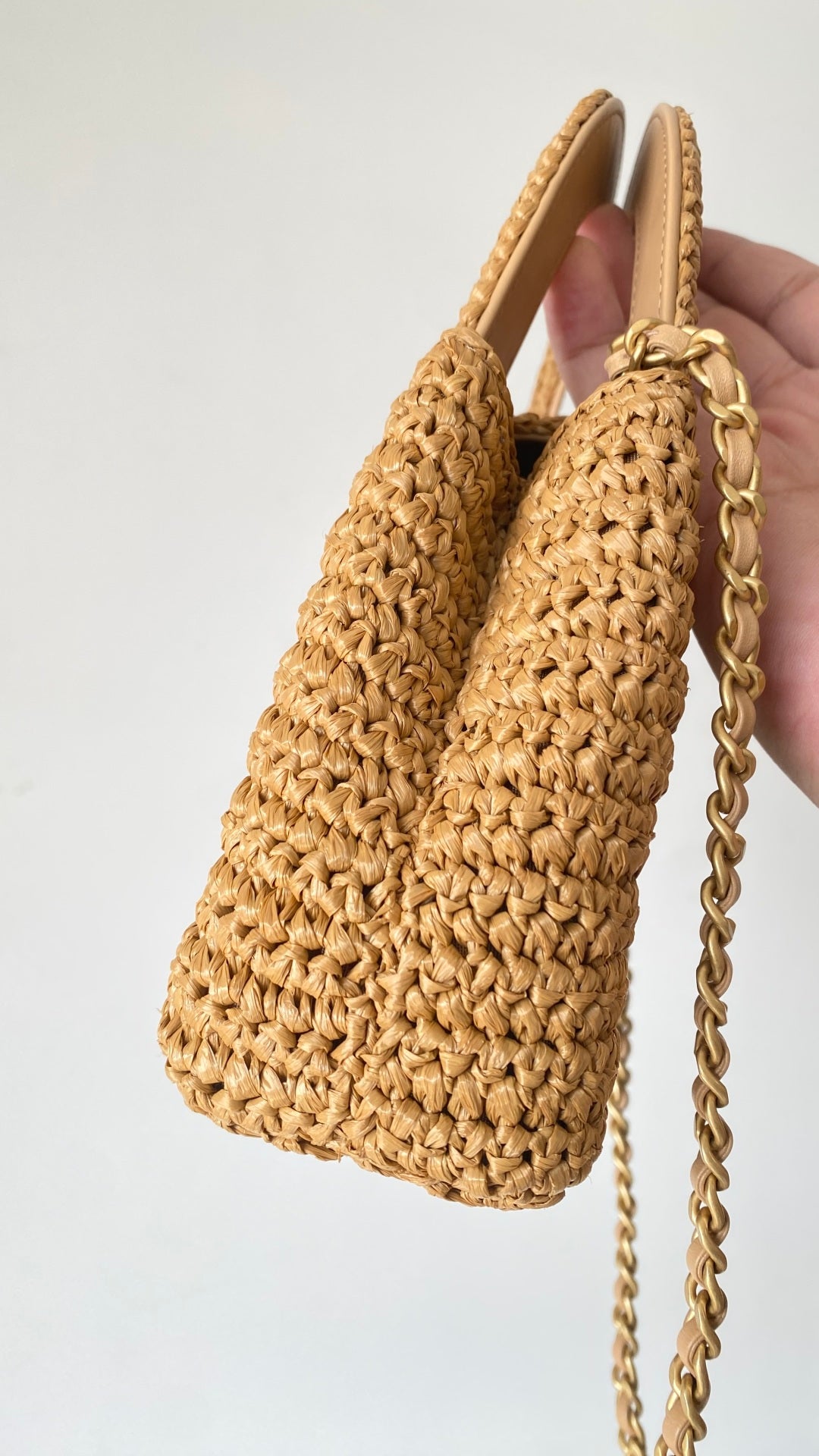 CC Kelly Bag 19cm Dark Beige Gold Hardware in Raffia