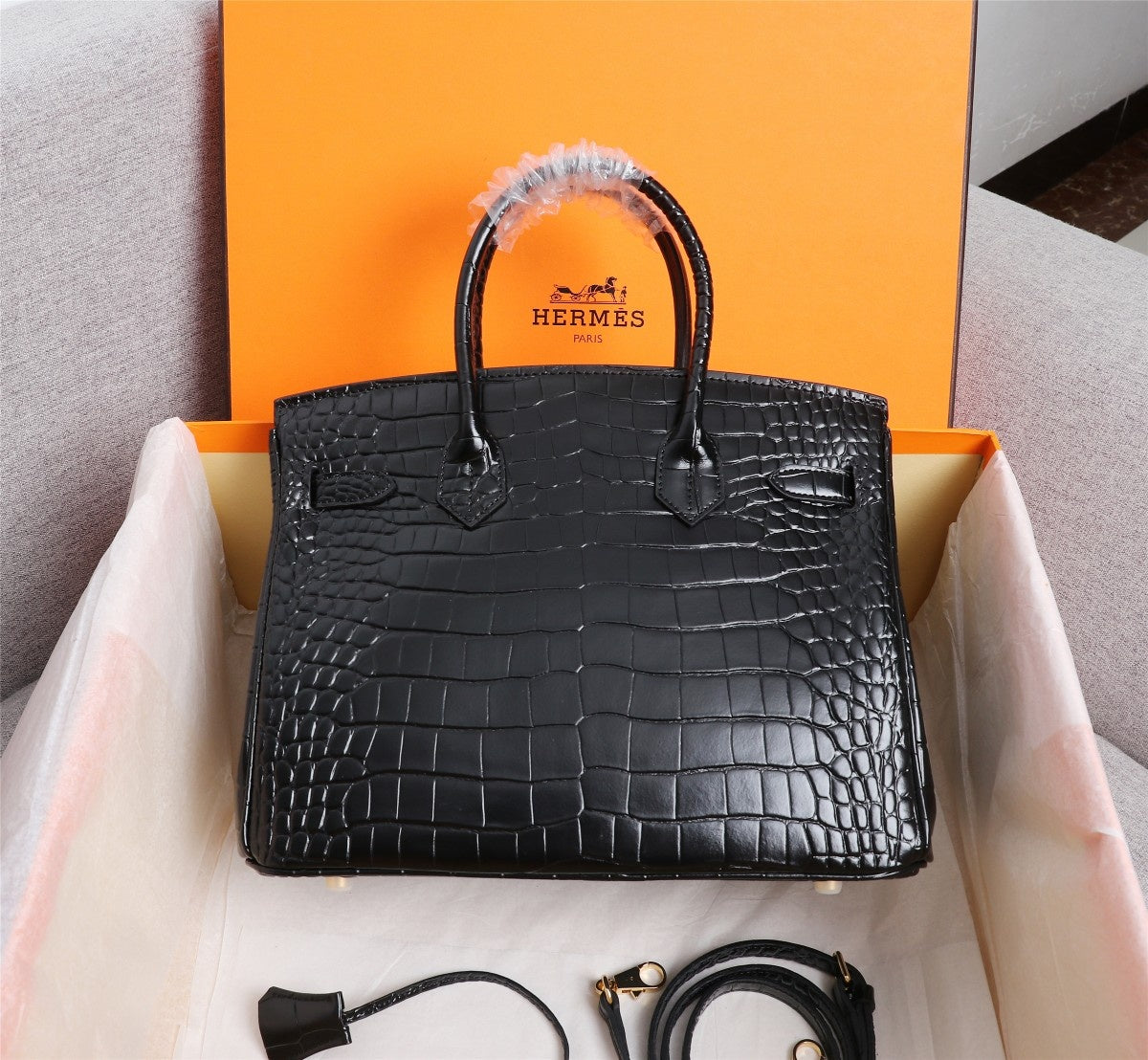 HM BIRKIN BAG 30 BLACK CROCODILE EMBOSSED CALFSKIN