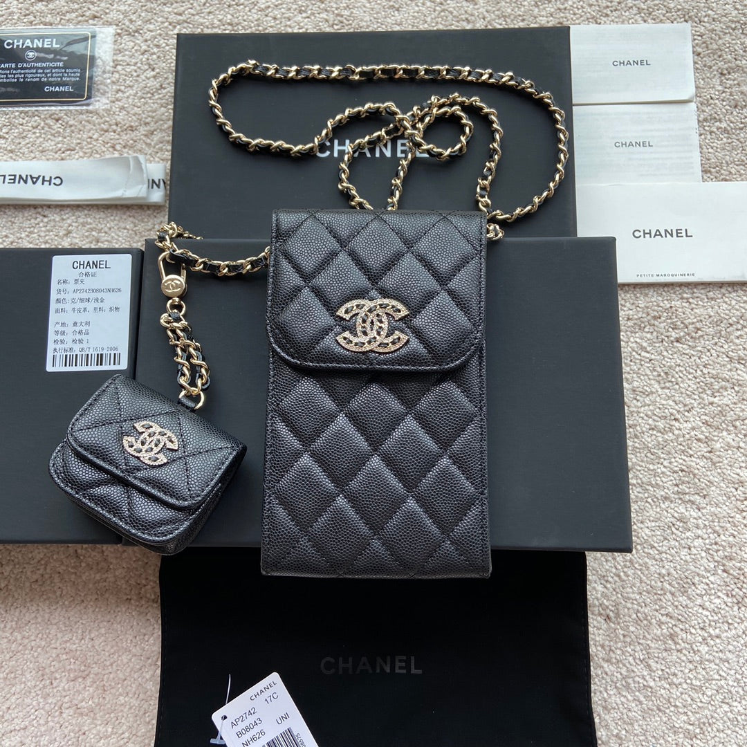 CC Phone Holder Pale & Air Pod Bag Black Caviar Diamond Hardware 229776