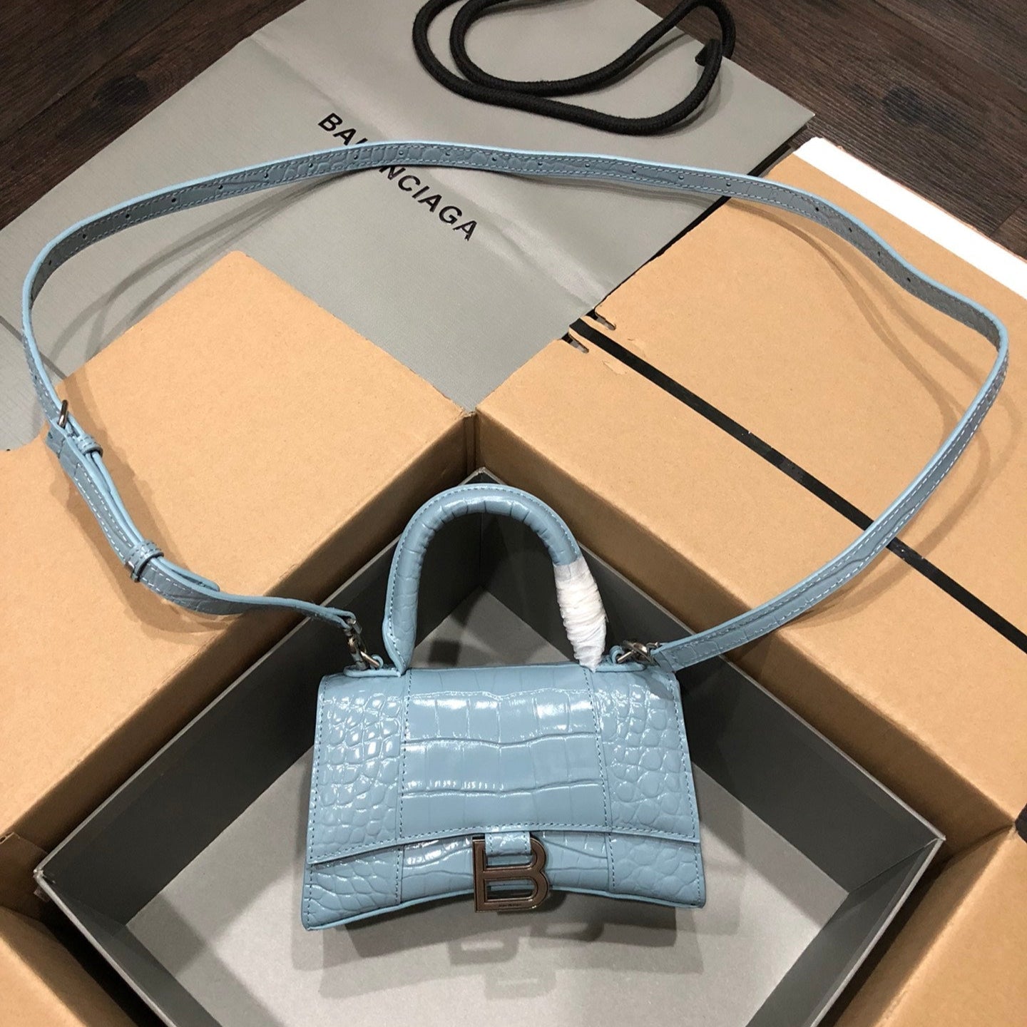 Balenciaga Hourglass bag light blue crocodile skin