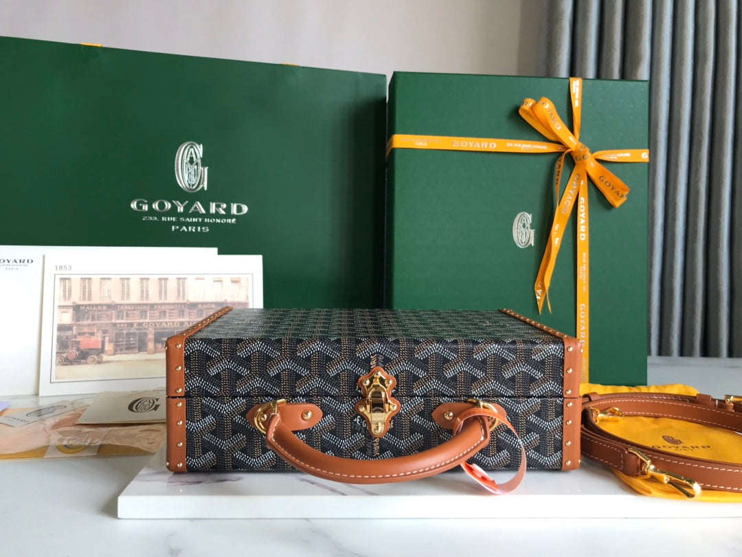GRAND H_TEL TRUNK BAG 24 IN BLACK GOYARDINE CANVAS AND TAN CALFSKIN