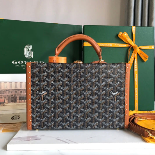 GRAND H_TEL TRUNK BAG 24 IN BLACK GOYARDINE CANVAS AND TAN CALFSKIN
