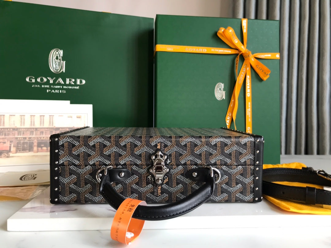 GRAND H_TEL TRUNK BAG 24 IN BLACK GOYARDINE CANVAS AND CALFSKIN
