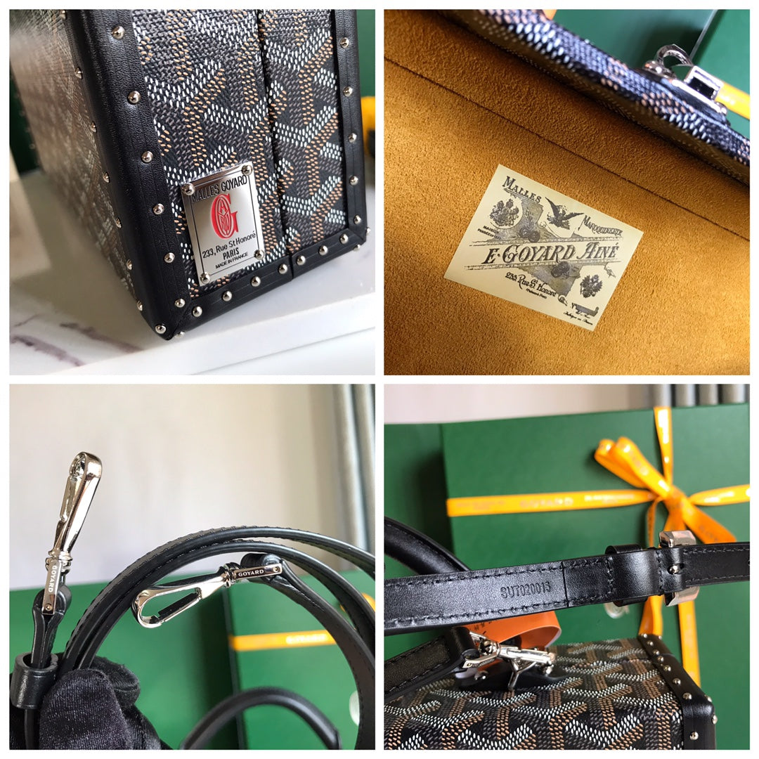 GRAND H_TEL TRUNK BAG 24 IN BLACK GOYARDINE CANVAS AND CALFSKIN