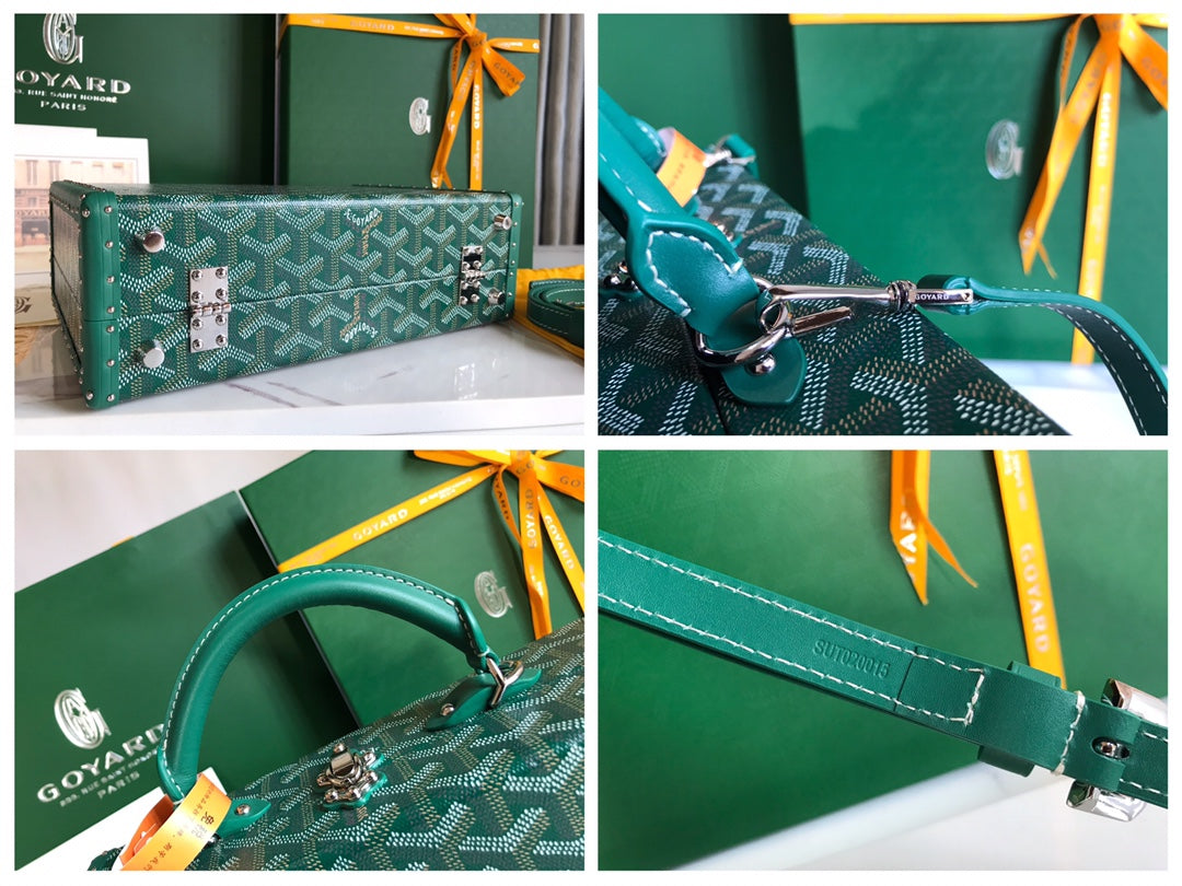 GRAND H_TEL TRUNK BAG 24 IN GREEN GOYARDINE CANVAS AND CALFSKIN