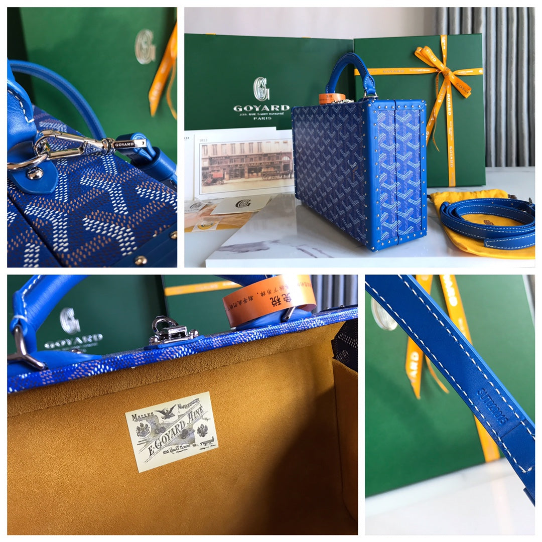 GRAND H_TEL TRUNK BAG 24 IN BLUE GOYARDINE CANVAS AND CALFSKIN
