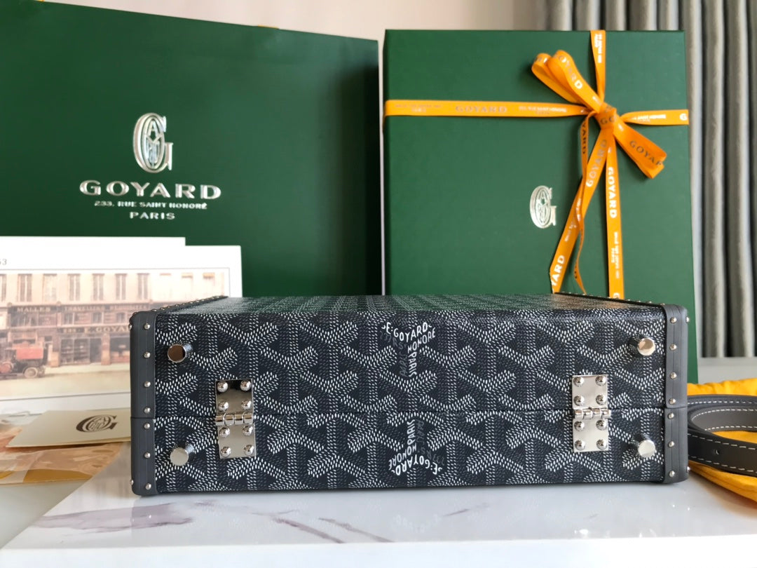 GRAND H_TEL TRUNK BAG 24 IN GREY BLACK GOYARDINE CANVAS AND CALFSKIN