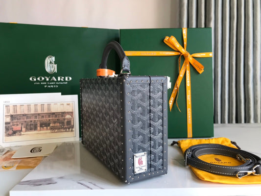 GRAND H_TEL TRUNK BAG 24 IN GREY BLACK GOYARDINE CANVAS AND CALFSKIN