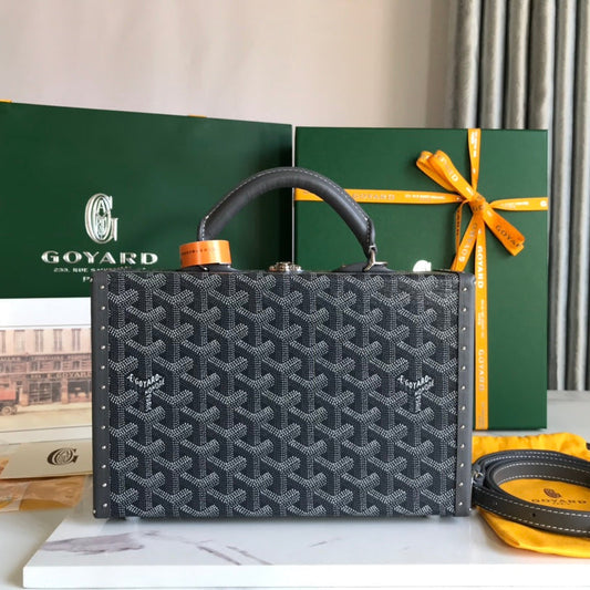 GRAND H_TEL TRUNK BAG 24 IN GREY BLACK GOYARDINE CANVAS AND CALFSKIN