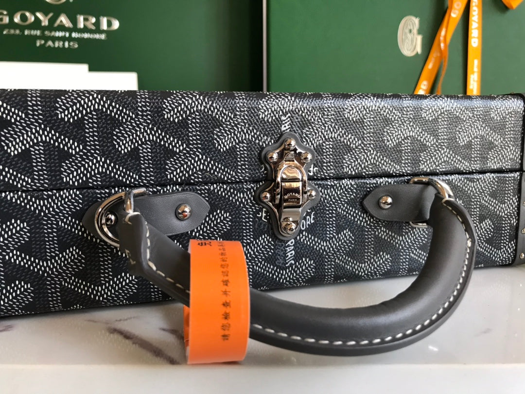 GRAND H_TEL TRUNK BAG 24 IN GREY BLACK GOYARDINE CANVAS AND CALFSKIN