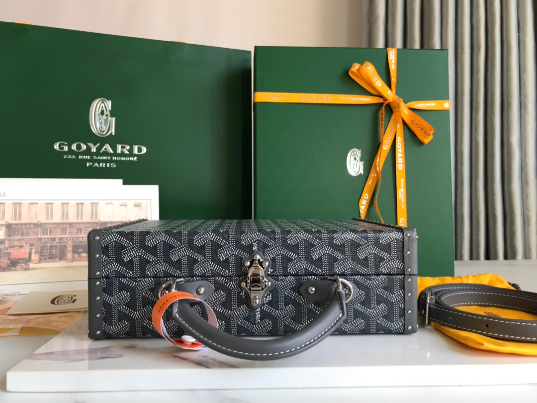 GRAND H_TEL TRUNK BAG 24 IN GREY BLACK GOYARDINE CANVAS AND CALFSKIN