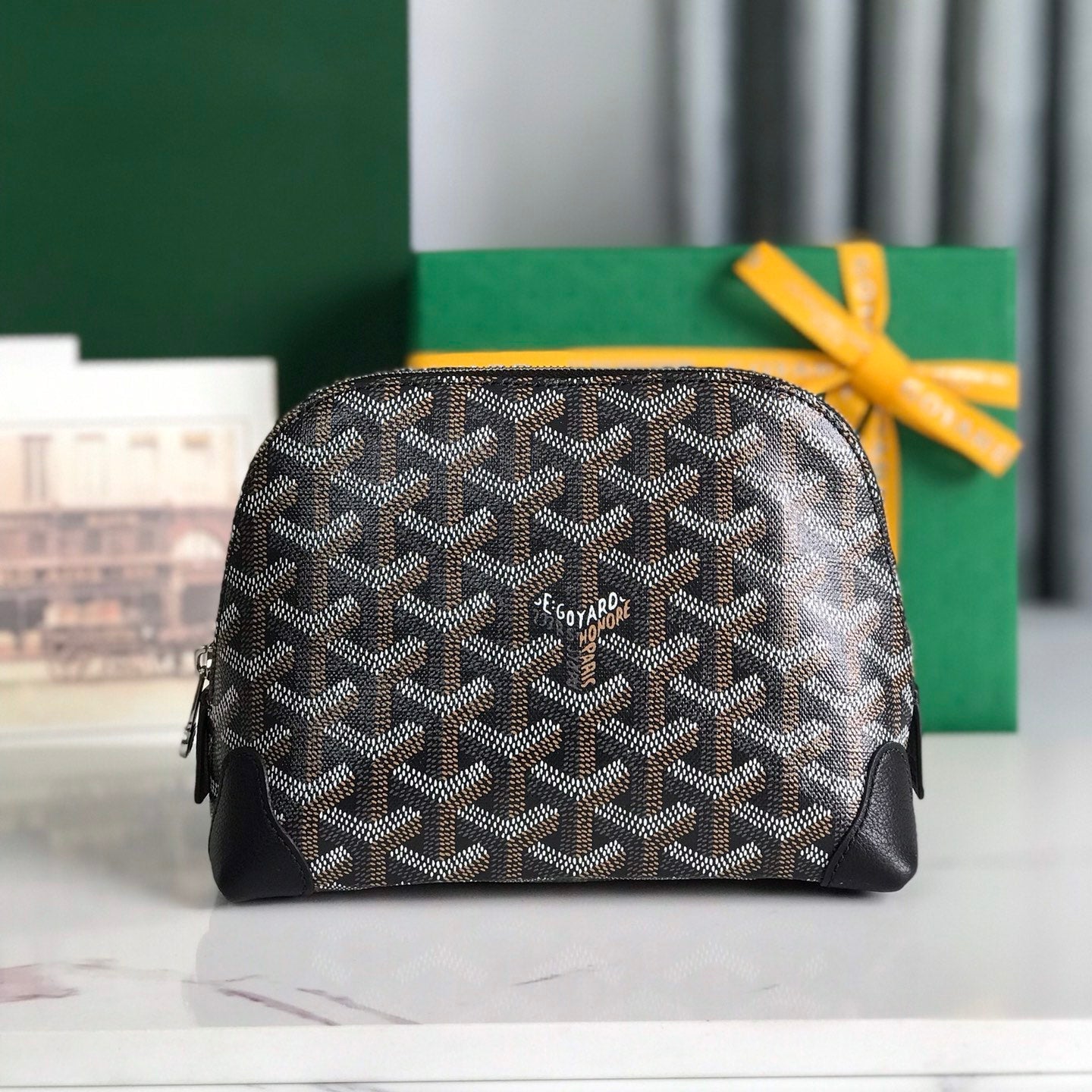 VEND_ME COSMETIC POUCH 17 IN BLACK GOYARDINE CANVAS AND CALFSKIN TRIM