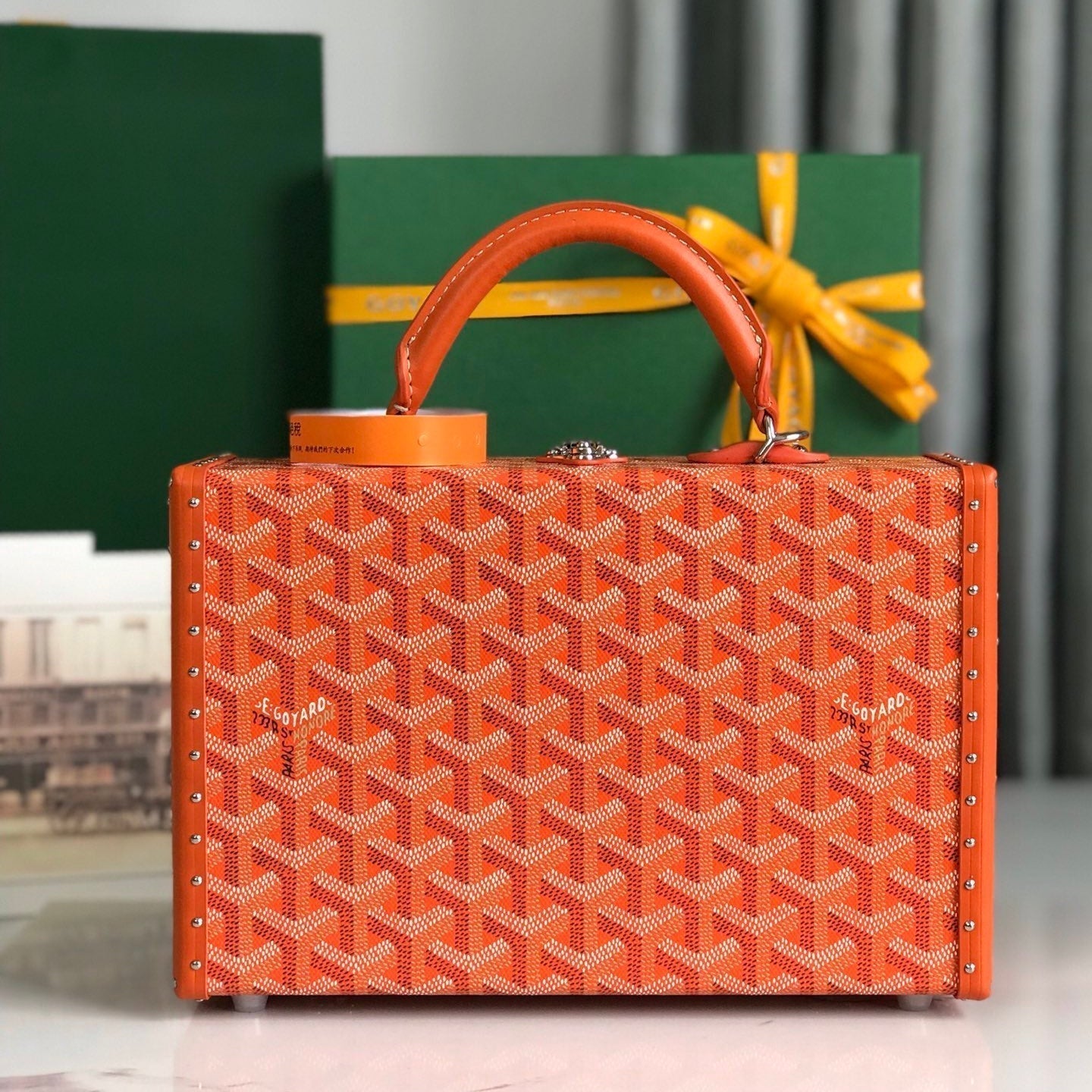 GRAND H_TEL TRUNK BAG 24 IN ORANGE GOYARDINE CANVAS AND CALFSKIN