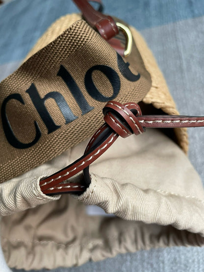 Chloe Small Woody Bucket Top Handle Bag 16cm Brown Linen And Calfskin