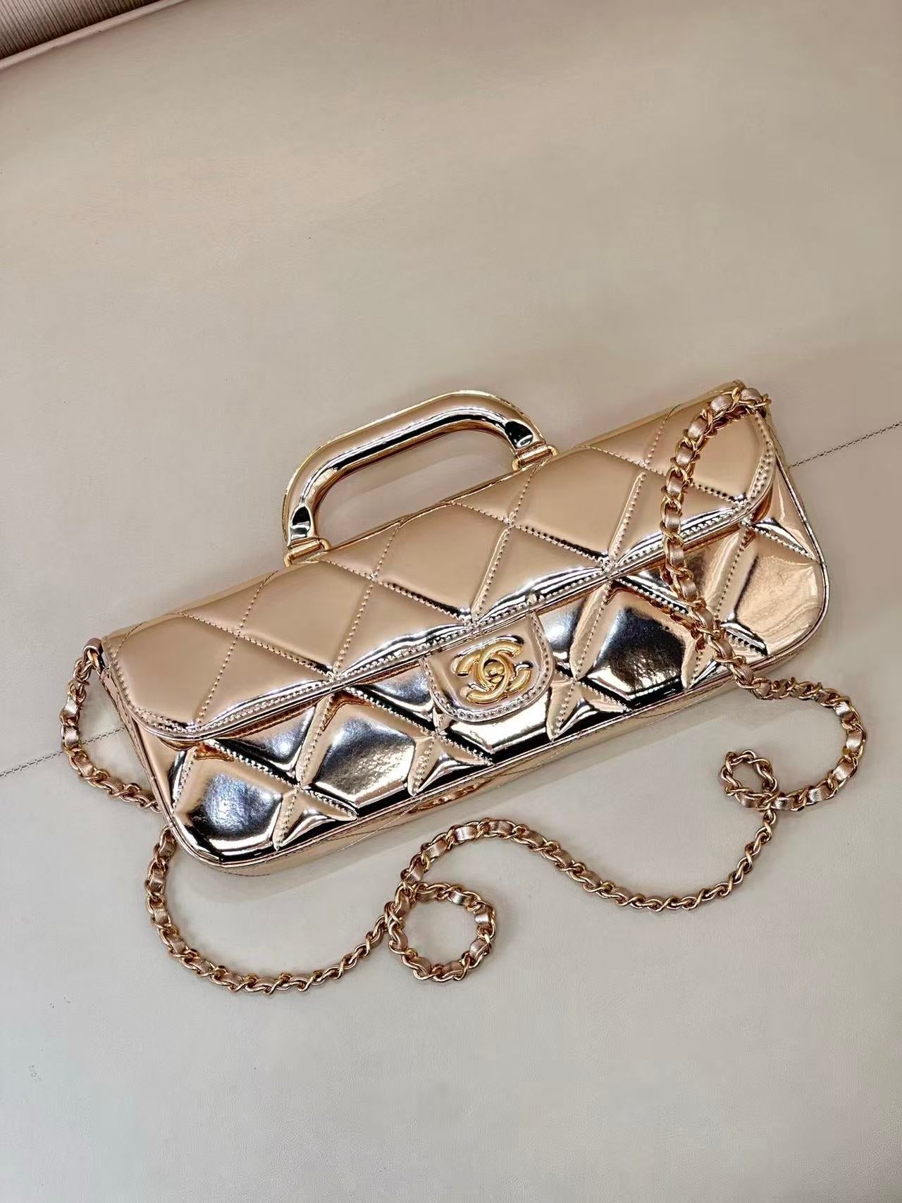 CC 25K Large Flap Bag with Top Handle Chain Strap Gold Metalic Patent Calfskin GHW