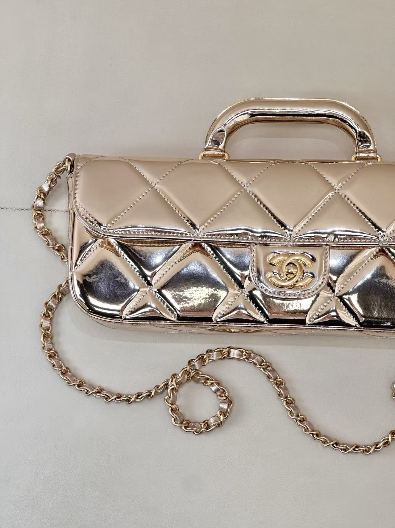 CC 25K Large Flap Bag with Top Handle Chain Strap Gold Metalic Patent Calfskin GHW