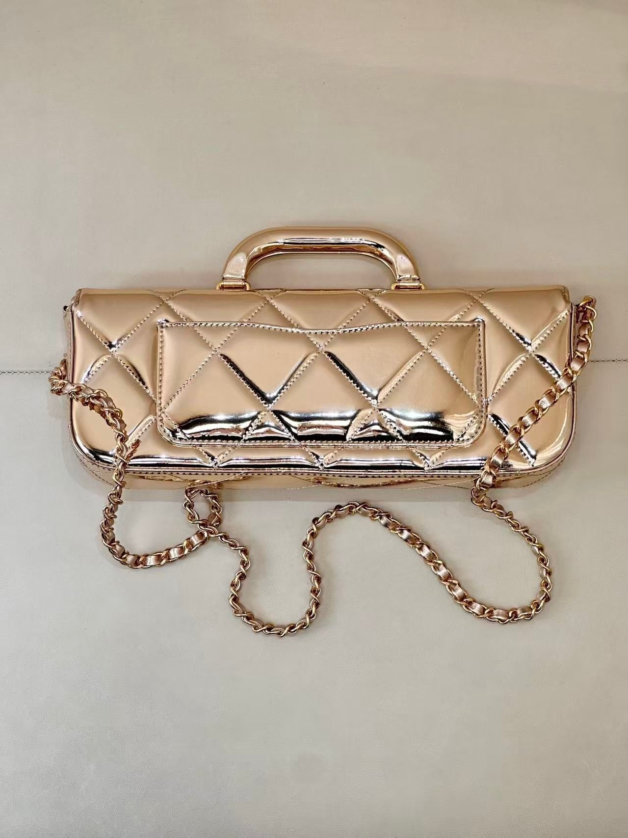 CC 25K Large Flap Bag with Top Handle Chain Strap Gold Metalic Patent Calfskin GHW